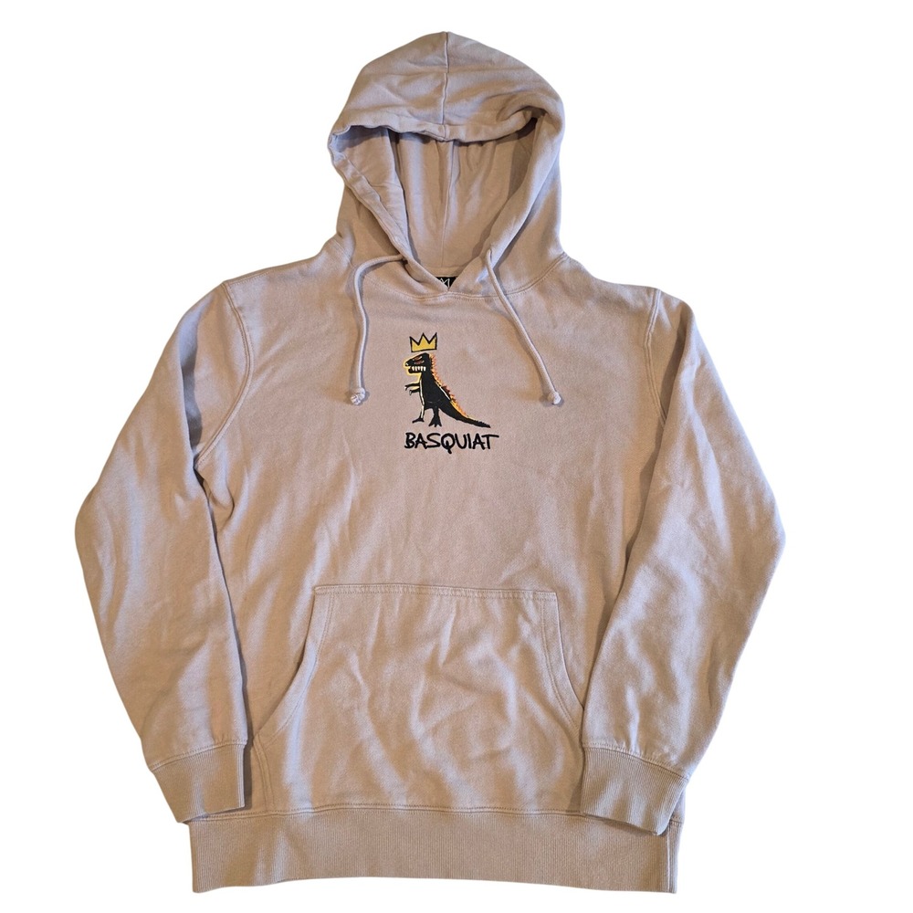 Basquiat Pez Dispenser Dinosaur Graphic Hoodie Tan XS Streetwear Art Sweatshirt
